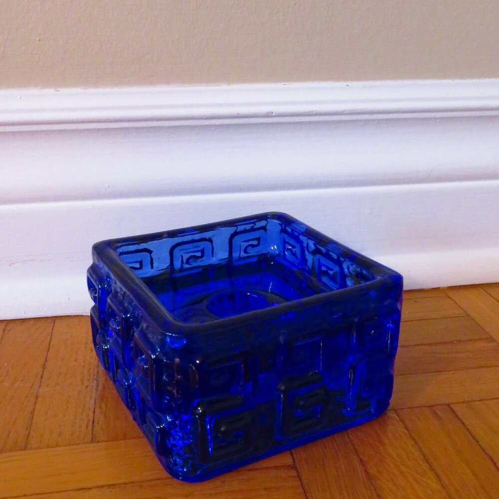 Vintage 60s Scandinavian square candle holde heavy blue glass Rihimaki "Talari"